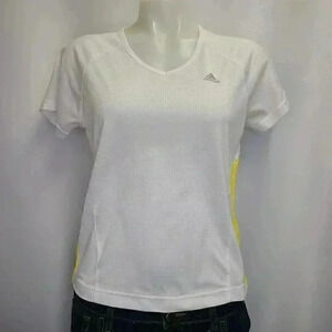 Adidas Climalite White Tee Top Yellow Three Stripe Logo Activewear Medium